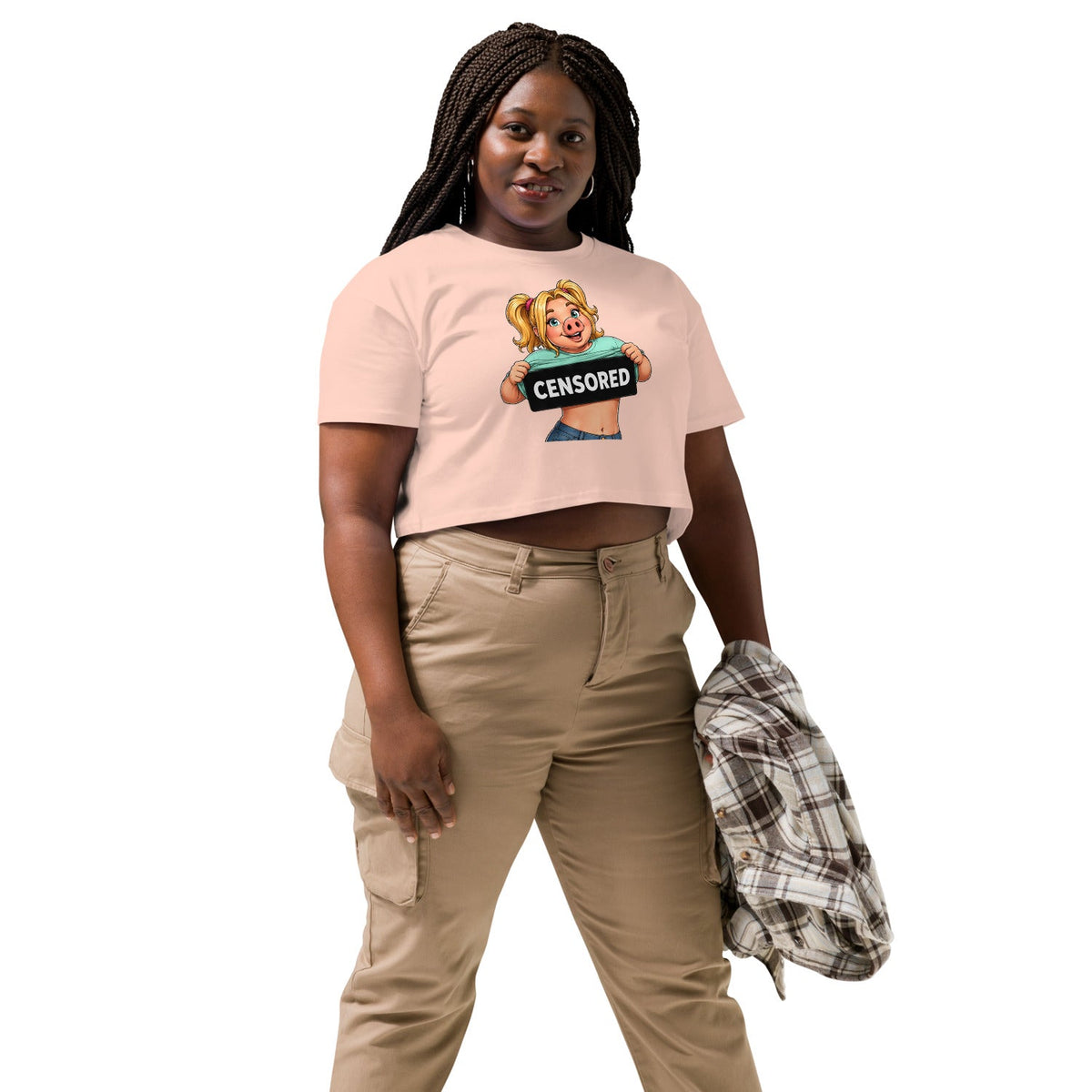 Wigette Censored Cropped Tee — Pale Pink — adult woman wearing the actual crop tee lifestyle front view; exact Printful digital mockup, tee only.
