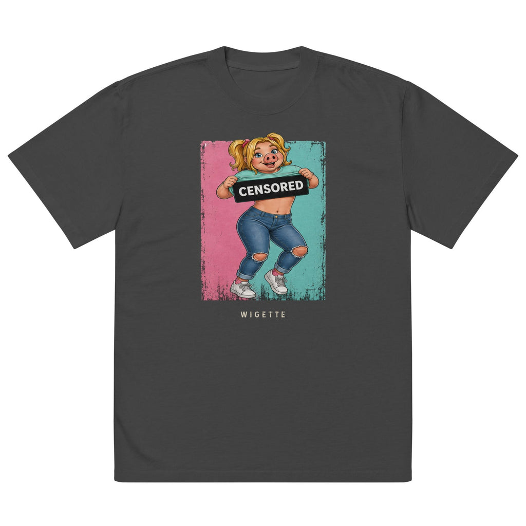 Wigette Censored Colorblock Oversized Tee — Faded Black — garment-only front view; exact Printful digital mockup, tee only.