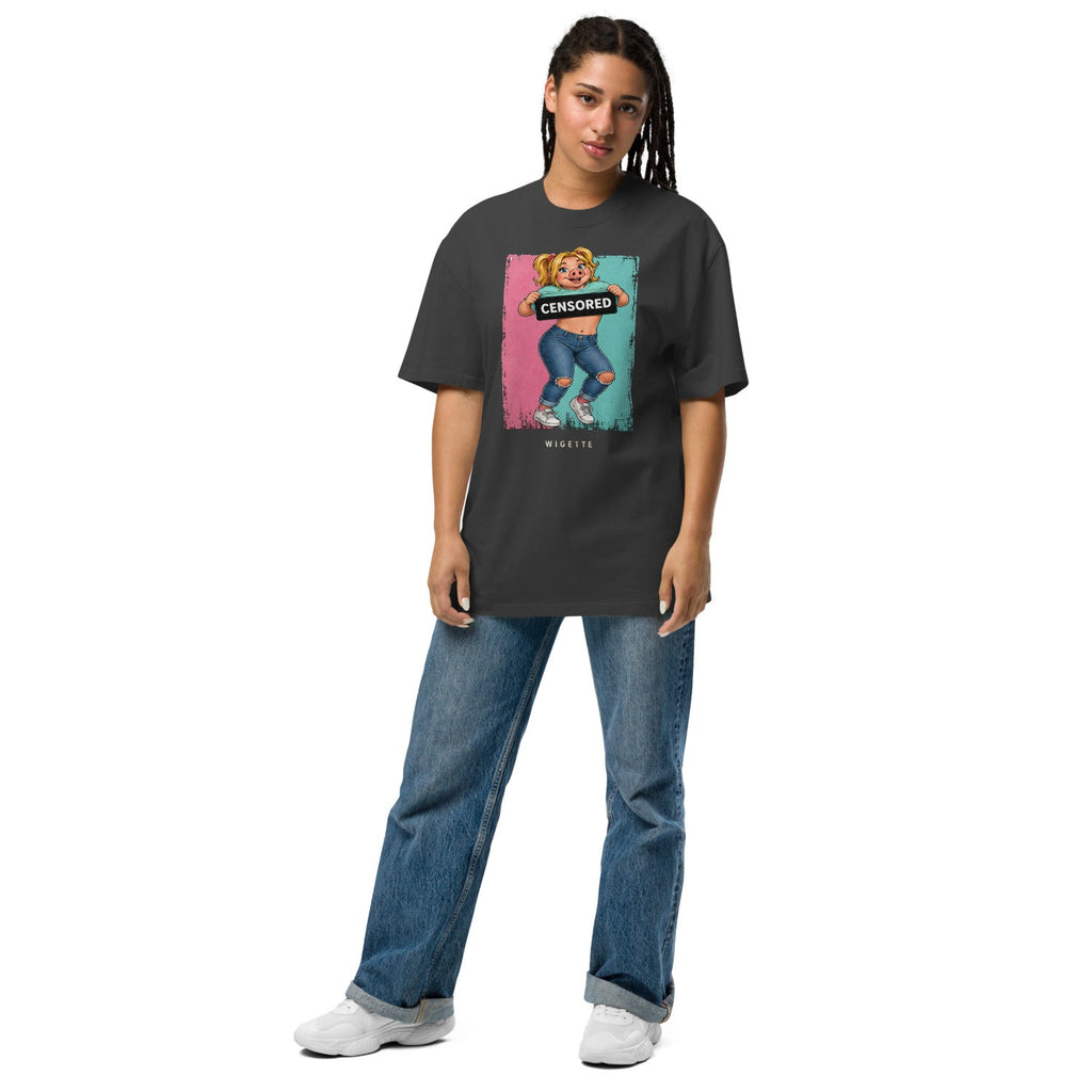 Wigette Censored Colorblock Oversized Tee — Faded Black — adult woman wearing the actual oversized tee front view; exact Printful digital mockup, tee only.