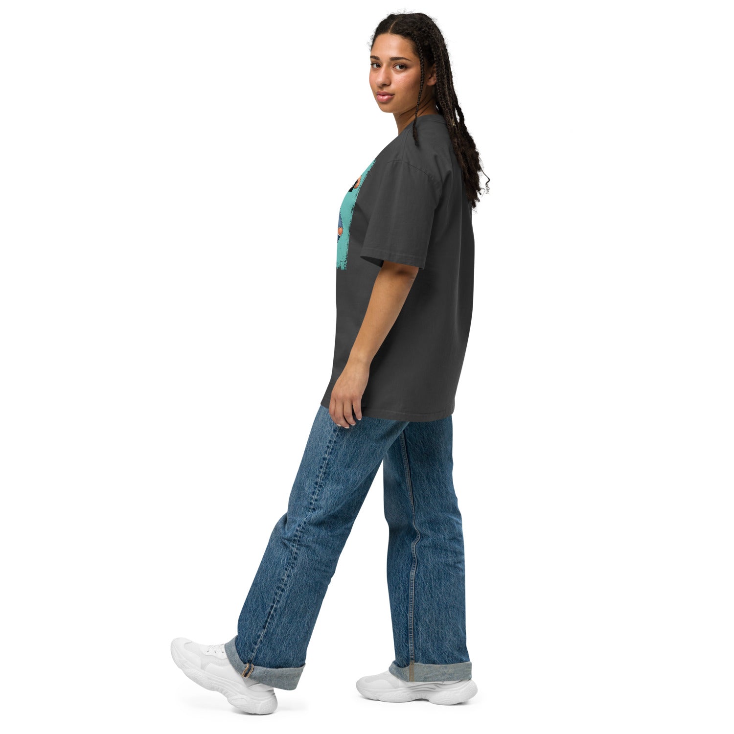 Wigette Censored Colorblock Oversized Tee — Faded Black — adult woman wearing the actual oversized tee left view; exact Printful digital mockup, tee only.
