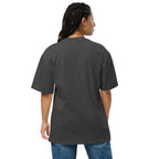Wigette Censored Colorblock Oversized Tee — Faded Black — adult woman wearing the actual oversized tee back view; exact Printful digital mockup, tee only.