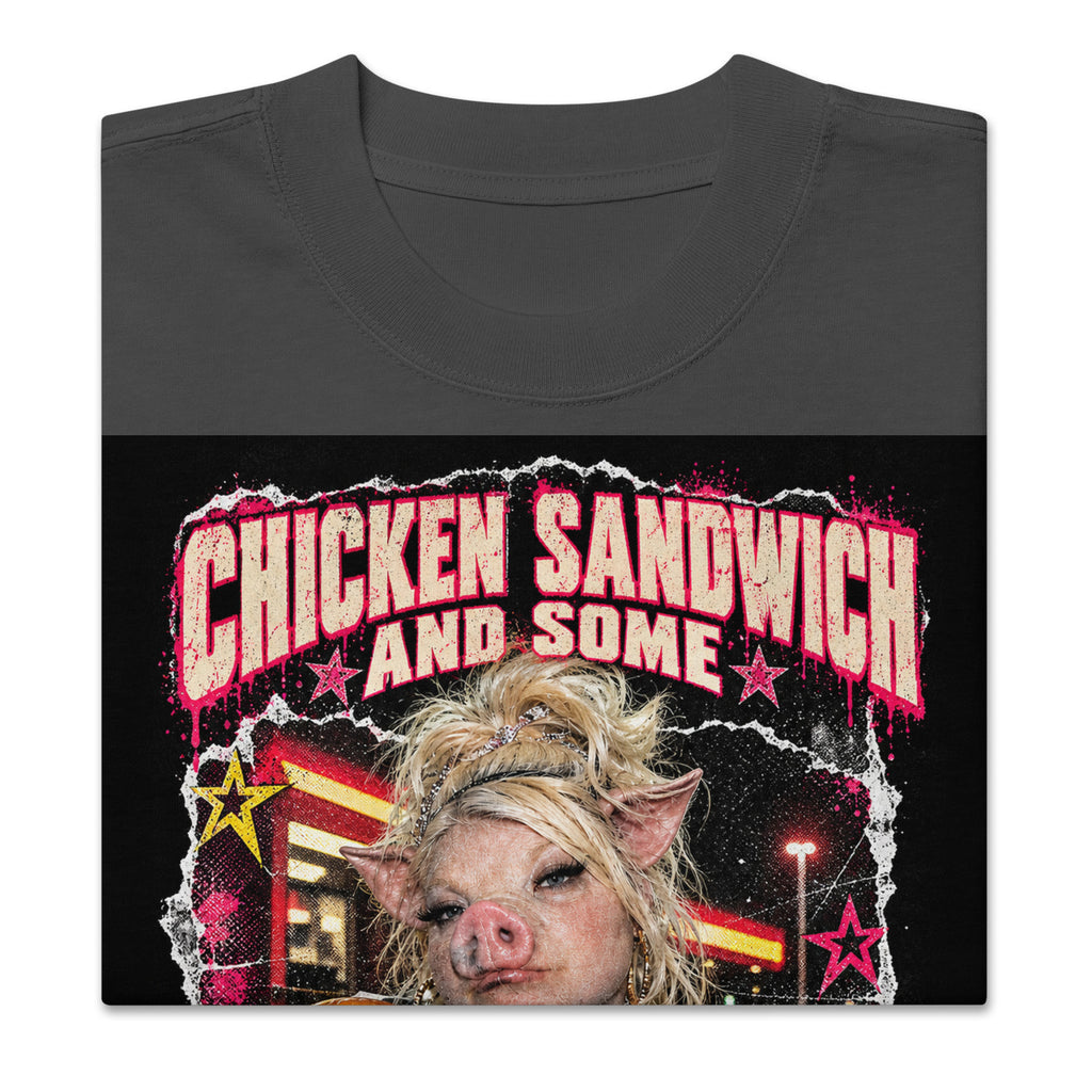 Wigette Chicken Sandwich Tee — Faded Black oversized tee — folded front; Printful mockup
