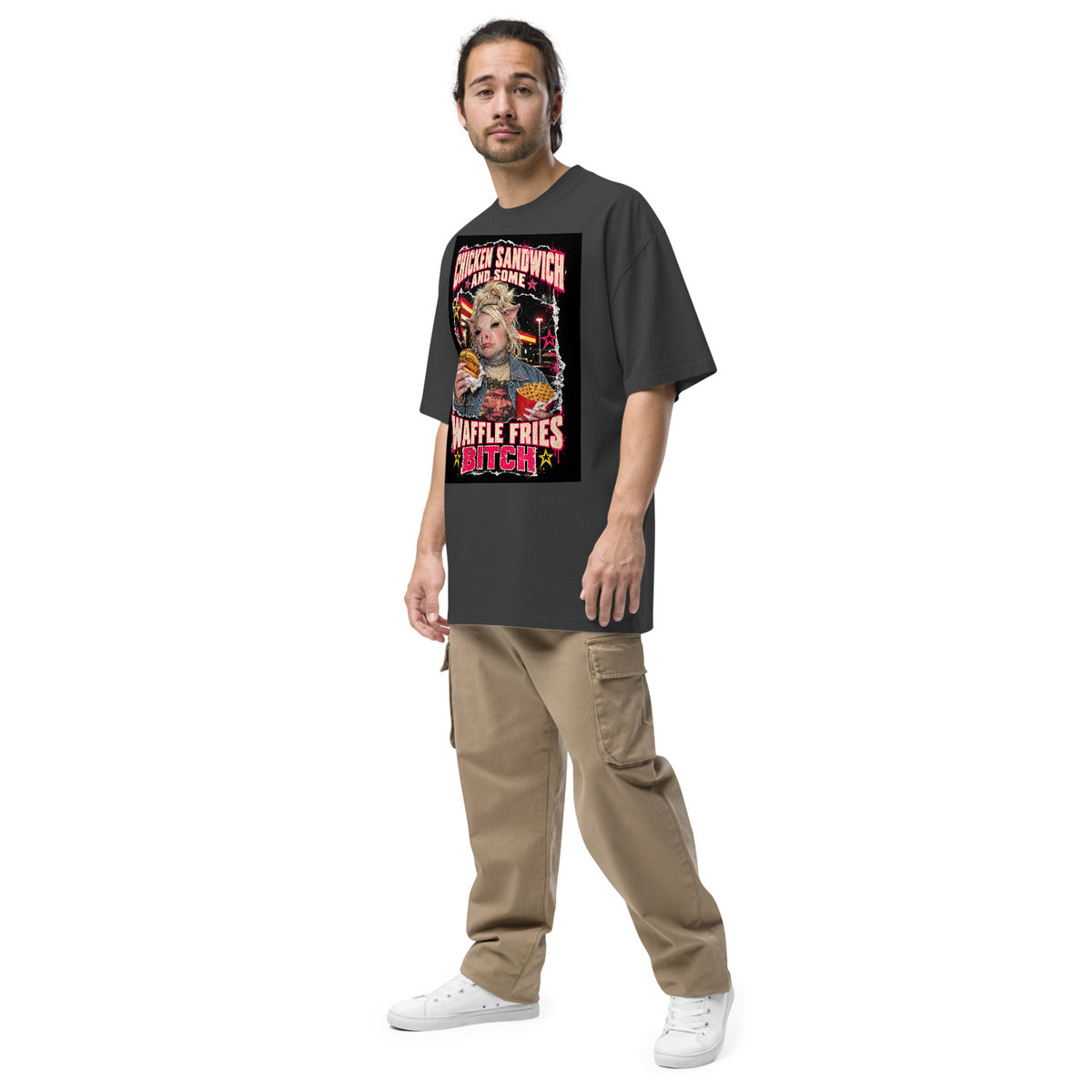 Wigette Chicken Sandwich Tee — Faded Black oversized tee — men's left-front; Printful mockup