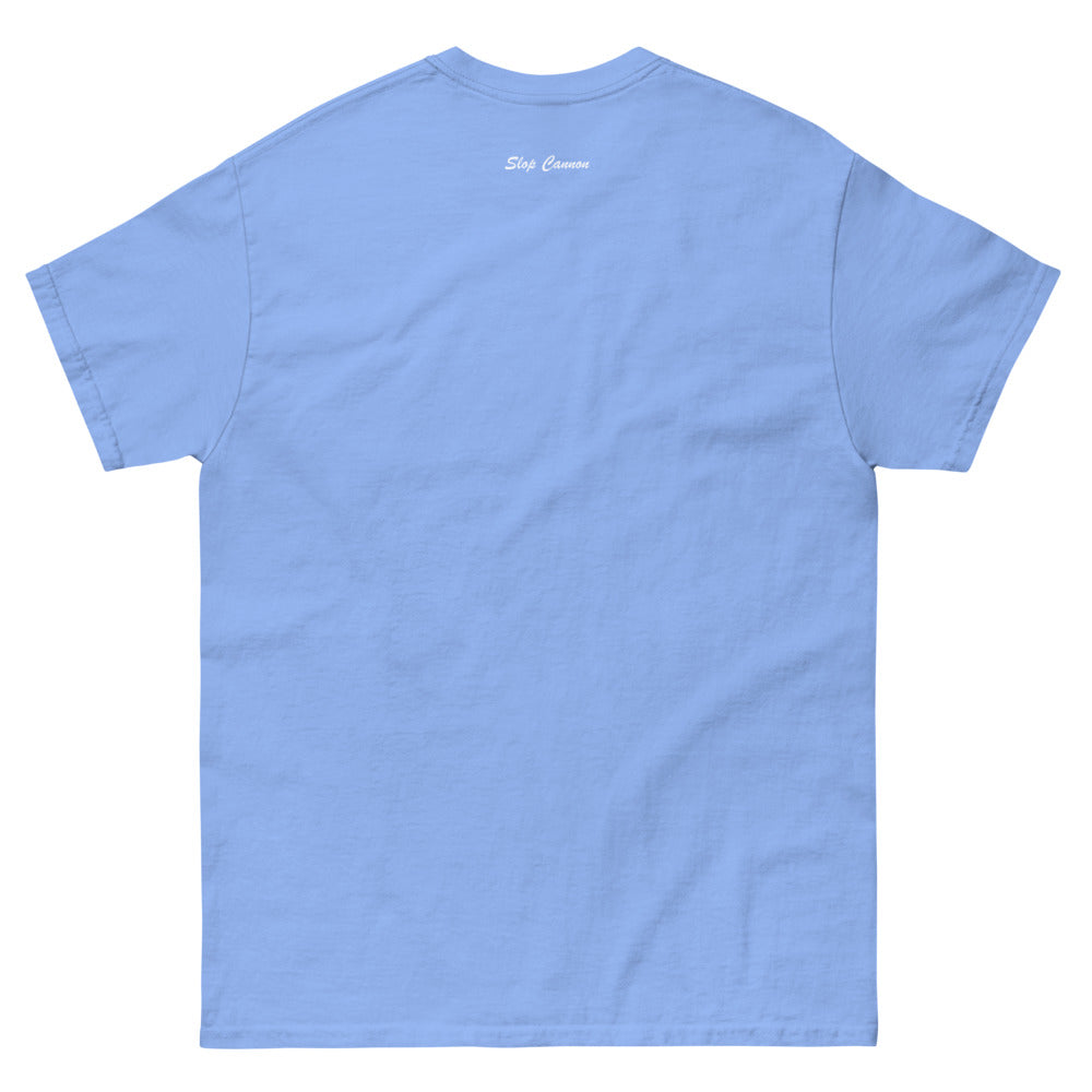 Cannon Country Club Tee — Pool Blue in Carolina Blue — Printful digital back mockup showing small Slop Cannon print below the rear collar, with the rest of the back unprinted.