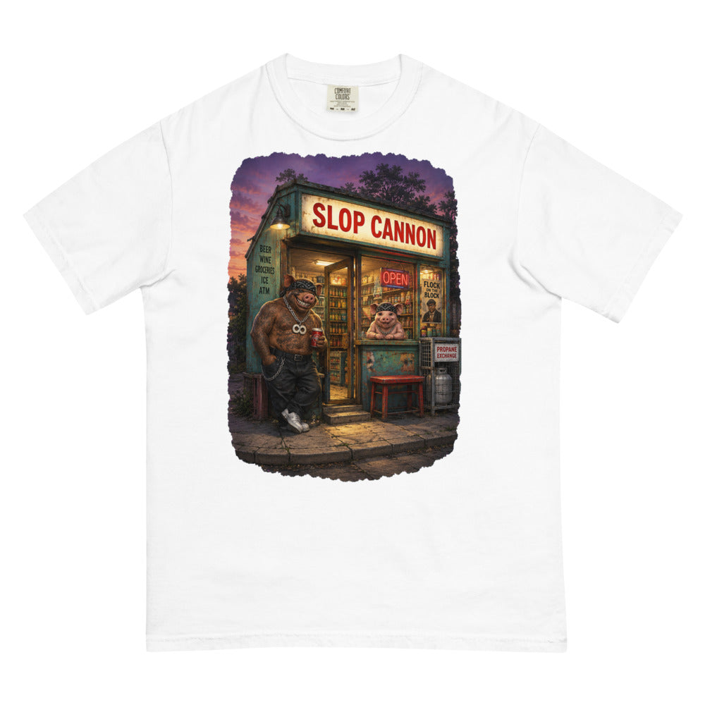 Corner Store Cannon Tee — Dusk in White — Printful digital front mockup showing final approved large front artwork.