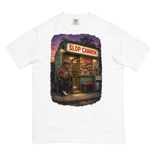 Corner Store Cannon Tee — Dusk in White — Printful digital front mockup showing final approved large front artwork.