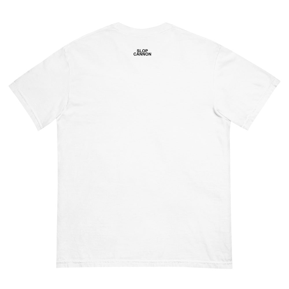 Corner Store Cannon Tee — Dusk in White — Printful digital back mockup showing small Slop Cannon print below the rear collar, with the rest of the back unprinted.