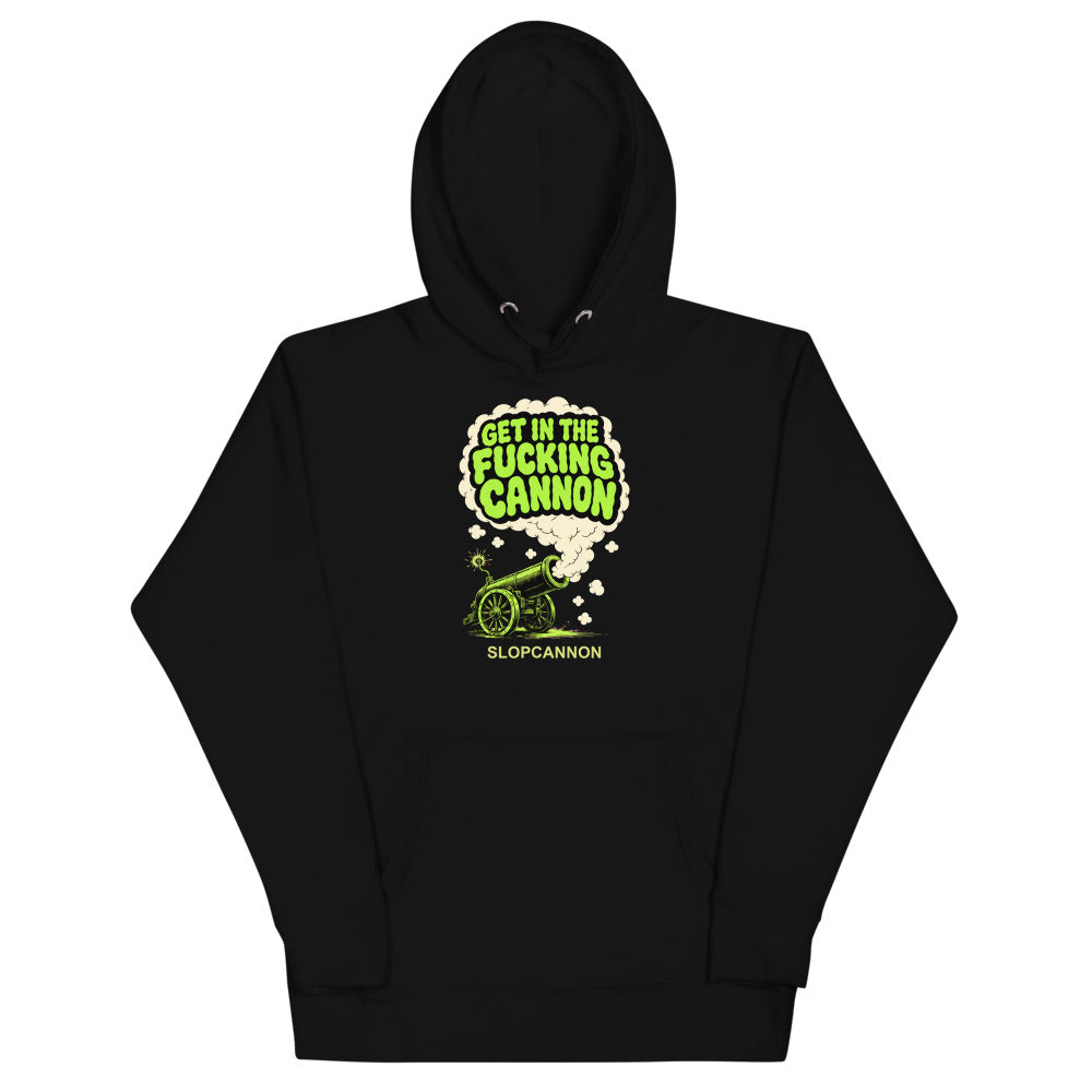 Smoke Signal Hoodie — Black — full front with configured cloud, cannon and SLOPCANNON footer; Cotton Heritage M2580 pullover hoodie Black; supplier digital mockup.