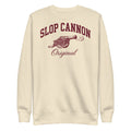 Slop Cannon Original Collegiate Crewneck — Oatmeal — full front with burgundy SLOP CANNON Original artwork; Cotton Heritage M2480 crewneck Bone; supplier digital mockup.