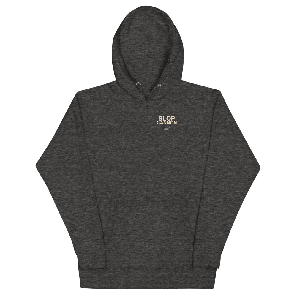 MAGAtard Cannonball Hoodie — Charcoal — full front with small left-chest SLOP CANNON mark; Cotton Heritage M2580 pullover hoodie Charcoal Heather; supplier digital mockup.