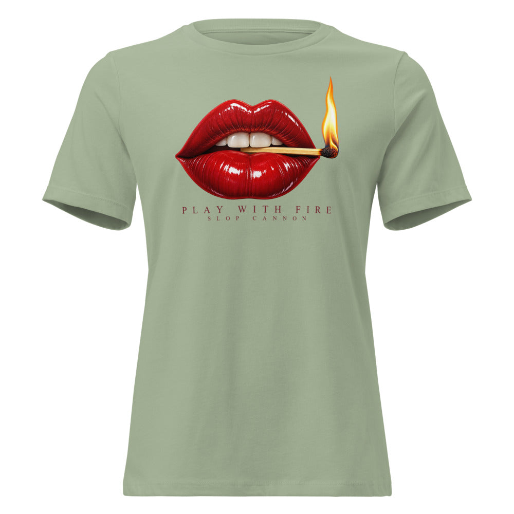 Play With Fire women's tee — Sage — front view; supplier digital mockup.