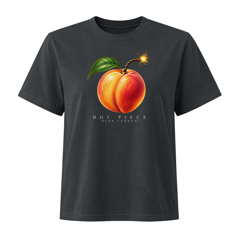Slop Cannon Hot Piece Women's Tee — Washed Black — front view with the approved lettering scale; exact configured supplier digital mockup. One tee only. Actual print colors may vary slightly.