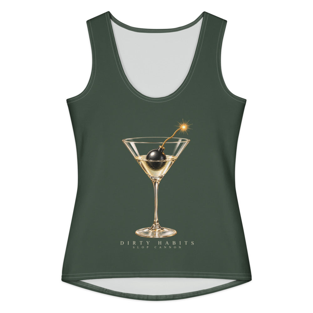 Slop Cannon Dirty Habits Women's Tank — Olive — front view with the approved lettering scale; exact configured supplier digital mockup. One tank top only. Actual print colors may vary slightly.